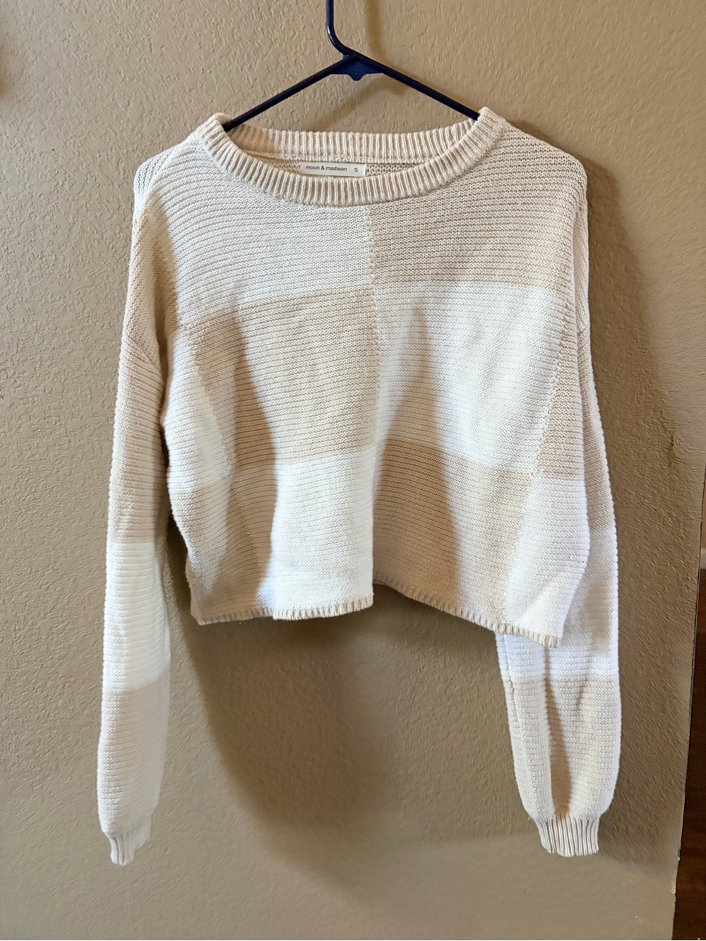 Moon & Madison Checkerboard Crewneck Sweater Brown & Cream- S